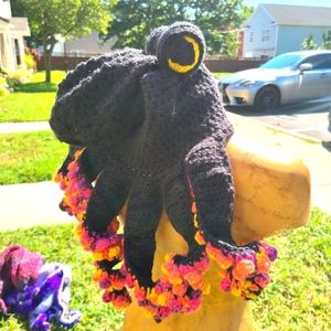 Handmade Crochet Octopus Cephalopod Squid Hat Black & Orange, Yellow